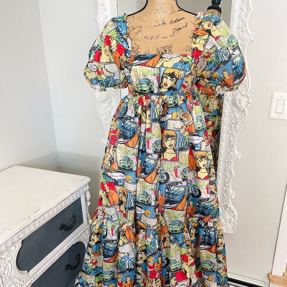 New York Couture One of a Kind Comicbook Print Puff Sleeve Maxi Dress - Picture 5 of 6
